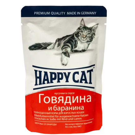 Вологий корм Happy Cat для котів у вигляді шматочків в cоусі з яловичиною та бараниною, 0,1 кг 1002314