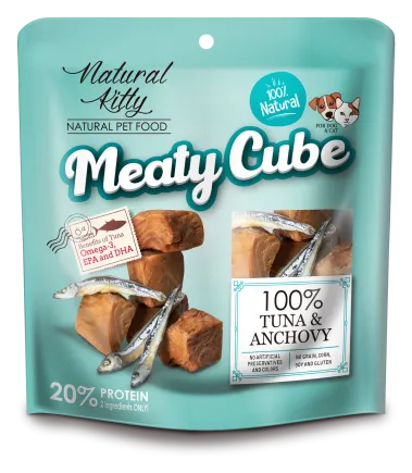 Natural Kitty Meaty Cube 100%Tuna & AnchovyЛасощі для котів та собак у вигляді кубиків, тунець та анчоуси 60г