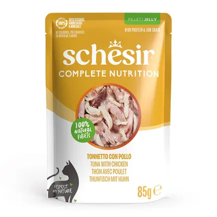 Schesir Tuna and Chicken ШЕЗІР ТУНЕЦЬ З КУРЯЧИМ ФІЛЕ в желе натуральні консерви для котів, вологий корм, пауч 85г 0,085 кг