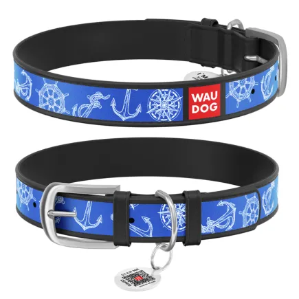 Нашийник WAUDOG Design з малюнком "Морська фантазія", преміум шкіра, металева пряжка (ширина 12 мм, довжина 19-25 см) чорний
