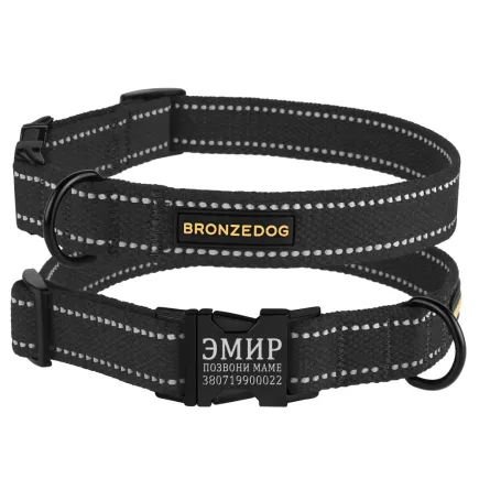 Нашийник для собак Bronzedog Сotton рефлекторний бавовняний брезент з металевою пряжкою графіт XL