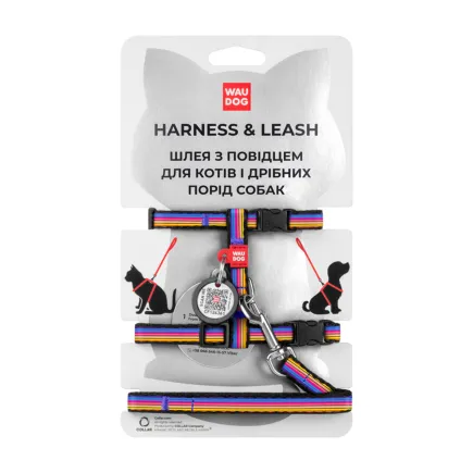 Шлея з повідцем для котів WAUDOG Nylon з QR паспортом, малюнок "Лінія 1", пластиковий фастекс, Ш 10 мм, В 25-40 см, С 20-30 см