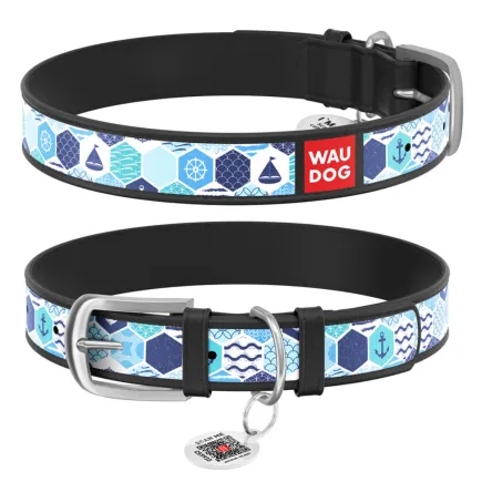 Нашийник WAUDOG Design з малюнком "Морський", преміум шкіра, металева пряжка (ширина 12 мм, довжина 19-25 см) чорний