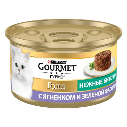 Вологий корм GOURMET Gold "Ніжні биточки" для дорослих котів з ягням та зеленою квасолею 85 г