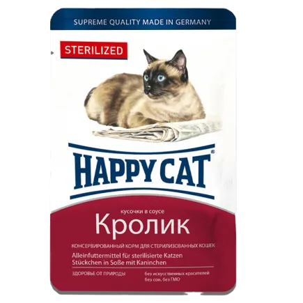 Вологий корм Happy Cat для стерилізованих котів у вигляді шматочків в соусі з кроликом, 0,1 кг, 1004214
