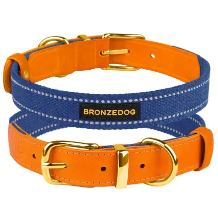 Нашийник для Собак Bronzedog Сotton Рефлекторний х/б+шкіра з Ремінною Пряжкою Синій M