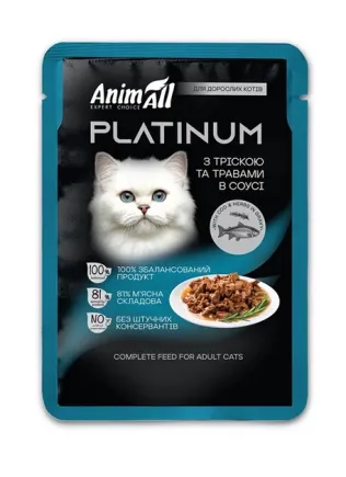 АнімАлл вологий корм PLATINUM Пауч для дорослих котів з Тріскою та Травами в соусі, 85г