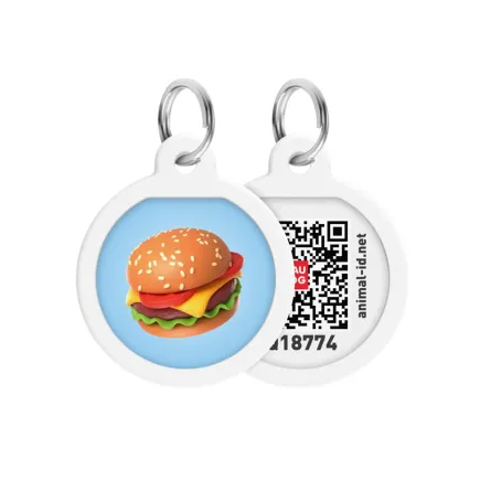 Адресник для собак і котів металевий WAUDOG Smart ID з QR паспортом, малюнок "Гамбургер", коло, Д 25 мм
