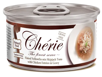 Cherie 80g Signature Gravy Flaked Yellowfin mix Skipjack Tuna with Chicken Entrеes in Gravy вологий корм для котів з ніжними шматочками жовтоперого тунця та курки в соусі