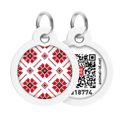 Адресник для собак і котів металевий WAUDOG Smart ID з QR паспортом, малюнок "Вишиванка", коло, Д 30 мм