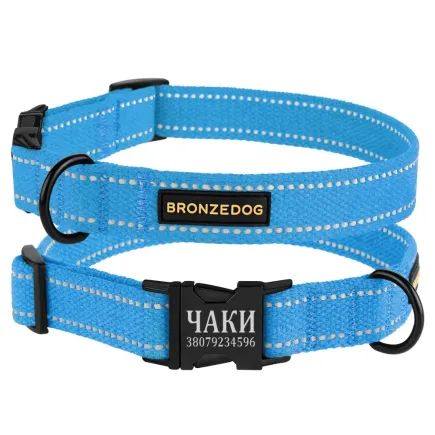 Нашийник для собак Bronzedog Сotton рефлекторний бавовняний брезент з металевою пряжкою блакитний XL