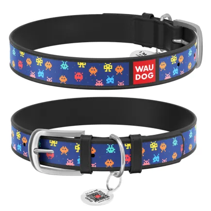 Нашийник WAUDOG Design з малюнком "Пікселі", преміум шкіра, металева пряжка (ширина 12 мм, довжина 19-25 см) чорний