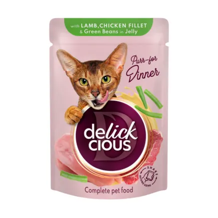DELICKCIOUS Шматочки з ягнятиною, курячим філе і квасолею спаржевою в желе 0,085 кг