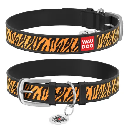Нашийник WAUDOG Design з малюнком "Тигр", преміум шкіра, металева пряжка (ширина 12 мм, довжина 19-25 см) чорний