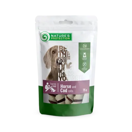 Ласощі для собак, роли з конини і тріски, Nature's Protection Snacks For Dogs, Horse And Cod Rolls 75г