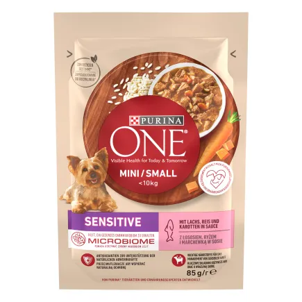 Вологий корм PURINA ONE Mini/Small Sensitive для дорослих собак дрібних порід з чутливим травленням з лососем, рисом та морквою 85 г