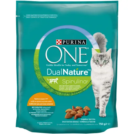 Сухий корм PURINA ONE Adult Dual Nature Spirulina для дорослих котів з куркою 750 г