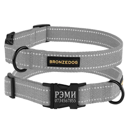 Нашийник для собак Bronzedog Сotton рефлекторний бавовняний брезент з металевою пряжкою сірий XL