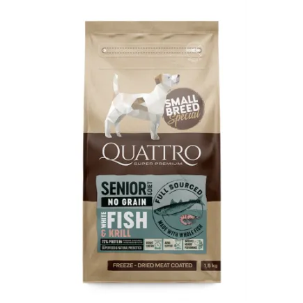 Quattro Senior&Diet Fish Small Breed корм для собак дрібних порід від 10 років та собак з надмірною вагою з білою рибою та крилем 7 кг