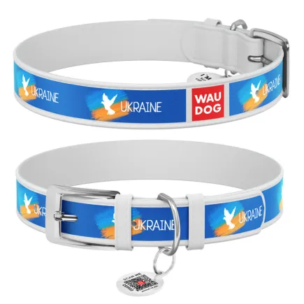 Нашийник для собак шкіряний WAUDOG Design з QR паспортом, малюнок "Прапор", XL, Ш 35 мм, Дов 46-59 см, білий