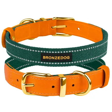 Нашийник для Собак Bronzedog Сotton Рефлекторний х/б+шкіра з Ремінною Пряжкою Зелений M