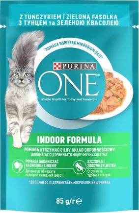Вологий корм PURINA ONE Indoor для дорослих котів що постійно перебувають у приміщенні шматочки в соусі з тунцем та зеленою квасолею 85 г