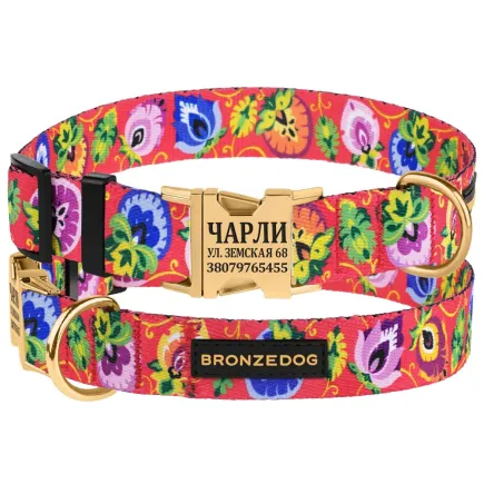 Нашийник для собак Bronzedog Urban Folk нейлоновий з металевою пряжкою золотистого кольору кораловий XL