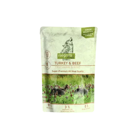 ISEGRIM Pouch Roots JUNIOR Turkey & Beef 410 г Вологий корм для собак. Індичка та яловичина з бататом, лососевим жиром, трава