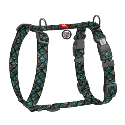 Шлея для собак анатомічна H-подібна WAUDOG Nylon з QR адресником, малюнок "Луска", пластиковий фастекс, S, Ш 15 мм, A 30-45 см, B 36-45 см