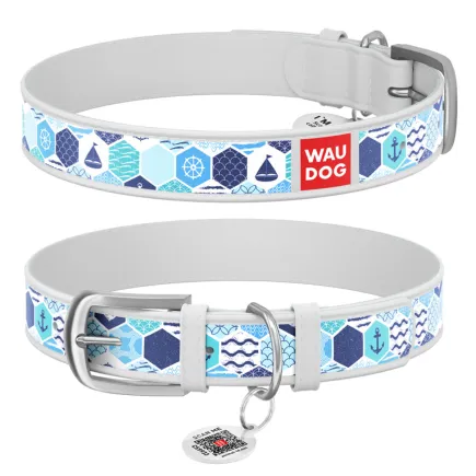 Нашийник WAUDOG Design з малюнком "Морський", преміум шкіра, металева пряжка (ширина 12 мм, довжина 19-25 см) білий