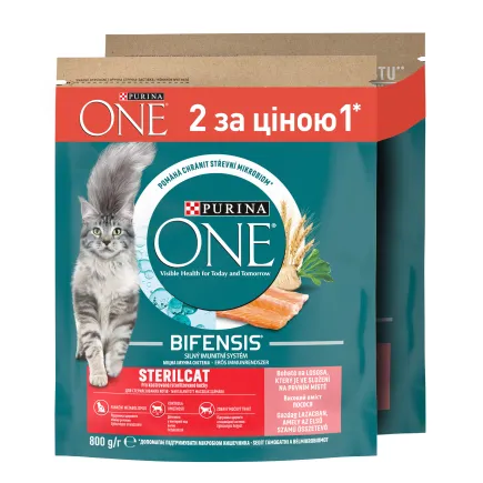 Сухий корм PURINA ONE Sterilcat для дорослих котів після стерилізації комплекс Bifensis з лососем та пшеницею, набір 2х800 г