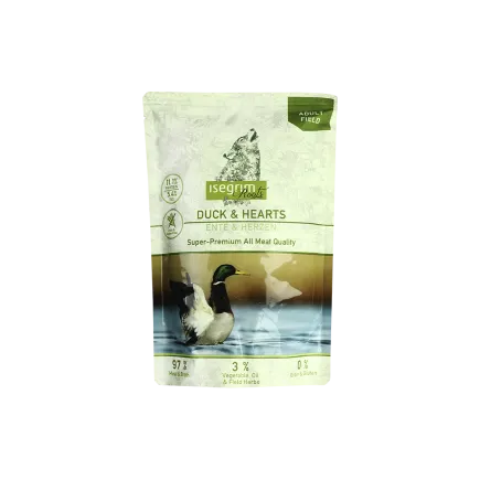 ISEGRIM Pouch Roots Duck & Hearts 410 г Вологий корм для собак. Качка з сердечками, овочами, лляним маслом та травами