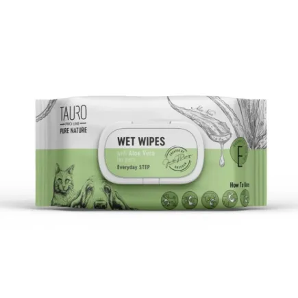 Tauro Pro Line Pure Nature Aloe Vera Вологі серветки для догляду за шерстю, вухами, лапами та носом з екстрактом алое вера, 40 шт