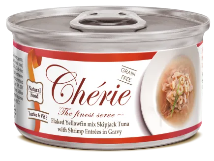 Cherie 80g Signature Gravy Flaked Yellowfin mix Skipjack Tuna with Shrimp Entrеes in Gravy вологий корм для котів з ніжними шматочками жовтоперого тунця та креветок в соусі