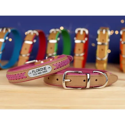Нашийник для собак шкіряний BronzeDog підклеєний плетений Бежевий хром Фіолетовий XL