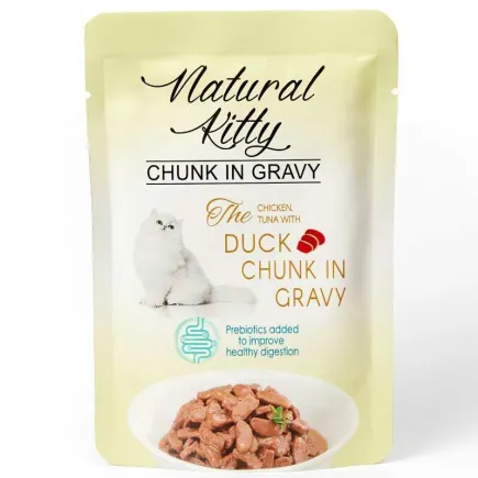 Natural Kitty Chunk in Gravy Chiken, Tuna with Duck Повноцінний вологий корм для котів у вигляді шматочків курки та тунця з качкою та печінкою у соусі, 85 г