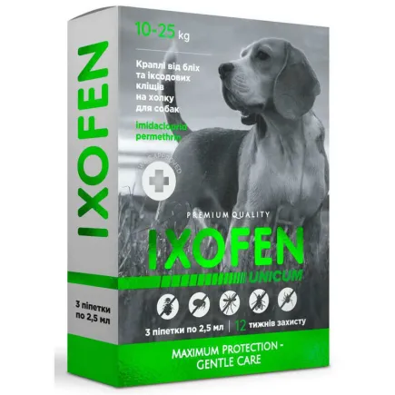 Краплі на холку Unicum Ixofen від бліх, іксодових кліщів та комарів для собак 10-25 кг, 2.5 мл, ціна за 1 піпетку