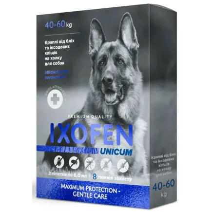 Краплі на холку Unicum Ixofen від бліх, іксодових кліщів та комарів для собак 40-60 кг, 6 мл, ціна за 1 піпетку