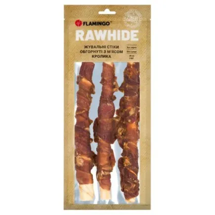 Ласощі Flamingo СНЕК R'HIDE, жувальні стіки з яловичої шкіри, обгорнуті м'ясом кролика, для собак, 280 г (3 шт, 28 см)