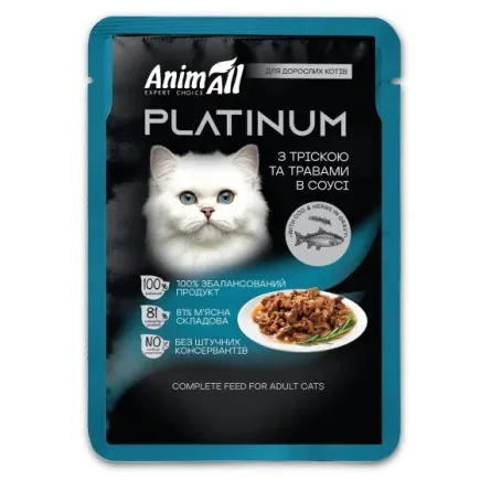 Вологий корм AnimAll Platinum для дорослих котів, тріска та трави в соусі, 85 г