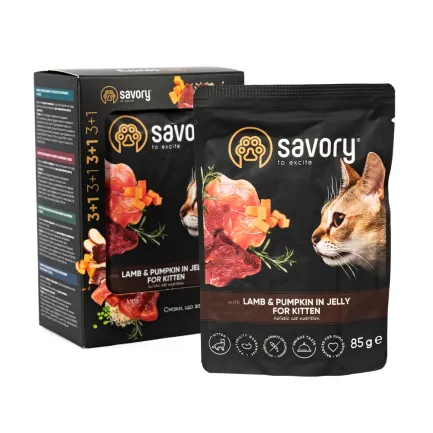 Набір паучів Savory Kitten "3+1" для кошенят, ягня з гарбузом у желе, 85 г — Фото 1