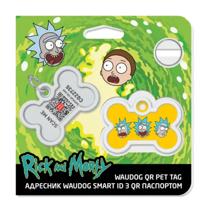 Адресник для собак і котів металевий WAUDOG Smart ID з QR паспортом, малюнок "Рік та Морті 3", кістка, Д 40 мм, Ш 38 мм — Фото 3