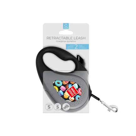 Повідець-рулетка для собак WAUDOG R-leash, малюнок "Пончики", S, до 15 кг, 5 м, світловідбиваюча стрічка чорний — Фото 2