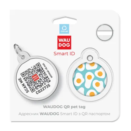 Адресник для собак і котів металевий WAUDOG Smart ID з QR паспортом, малюнок "Яєчня", коло, Д 30 мм — Фото 4