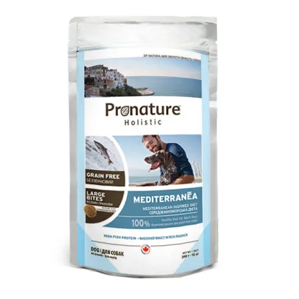 Pronature Holistic Dog Mediterranea Large Bites ПРОНАТЮР ХОЛІСТИК МЕДІТЕРАНЕА ЛОСОСЬ З В’ЯЛЕНИМИ ТОМАТАМИ беззерновий холістик корм для собак середніх та великих порід 0,34 кг