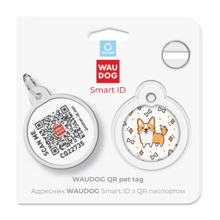 Адресник для собак і котів металевий WAUDOG Smart ID з QR паспортом, малюнок "Коргі", коло, Д 30 мм — Фото 4