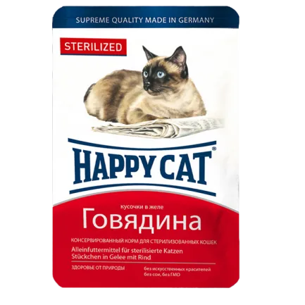 Вологий корм Happy Cat для стерилізованих котів у вигляді шматочків в желе з яловичиною, 0,1 кг, 1004212