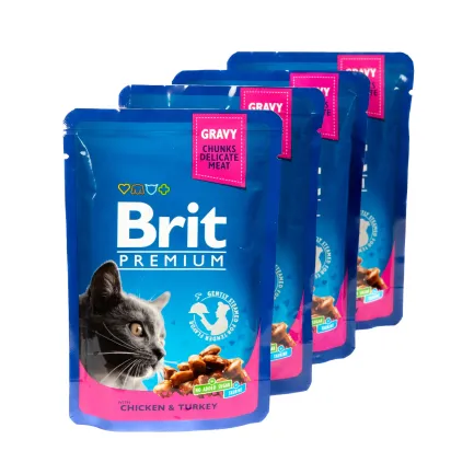 Набір паучів "3+1" для котів Brit Premium Cat pouch Chicken &amp; Turkey з куркою та індичкою, 4х100г — Фото 2