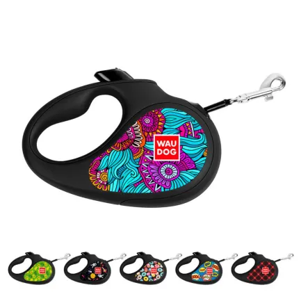 Повідець-рулетка для собак WAUDOG R-leash, малюнок "Літо", L, до 50 кг, 5 м, світловідбиваюча стрічка чорний