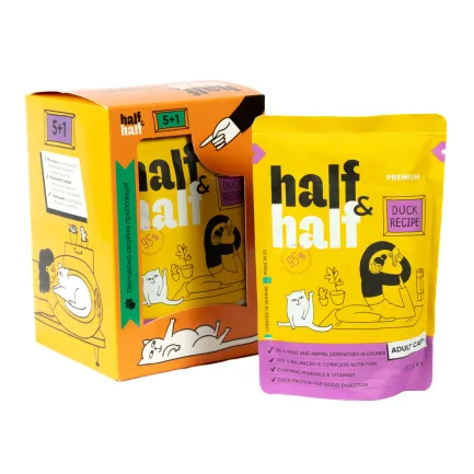 Набір вологих кормів Half&amp;Half "5+1" для дорослих котів, шматочки з качкою у соусі, паучі, 6 шт*100 г
